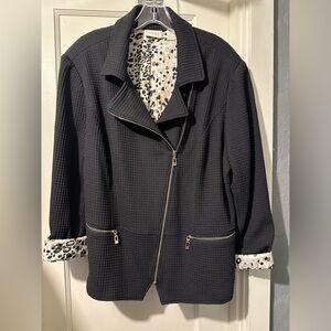 Chico's Black Textured Zip-Front Blazer with Leopard Lining